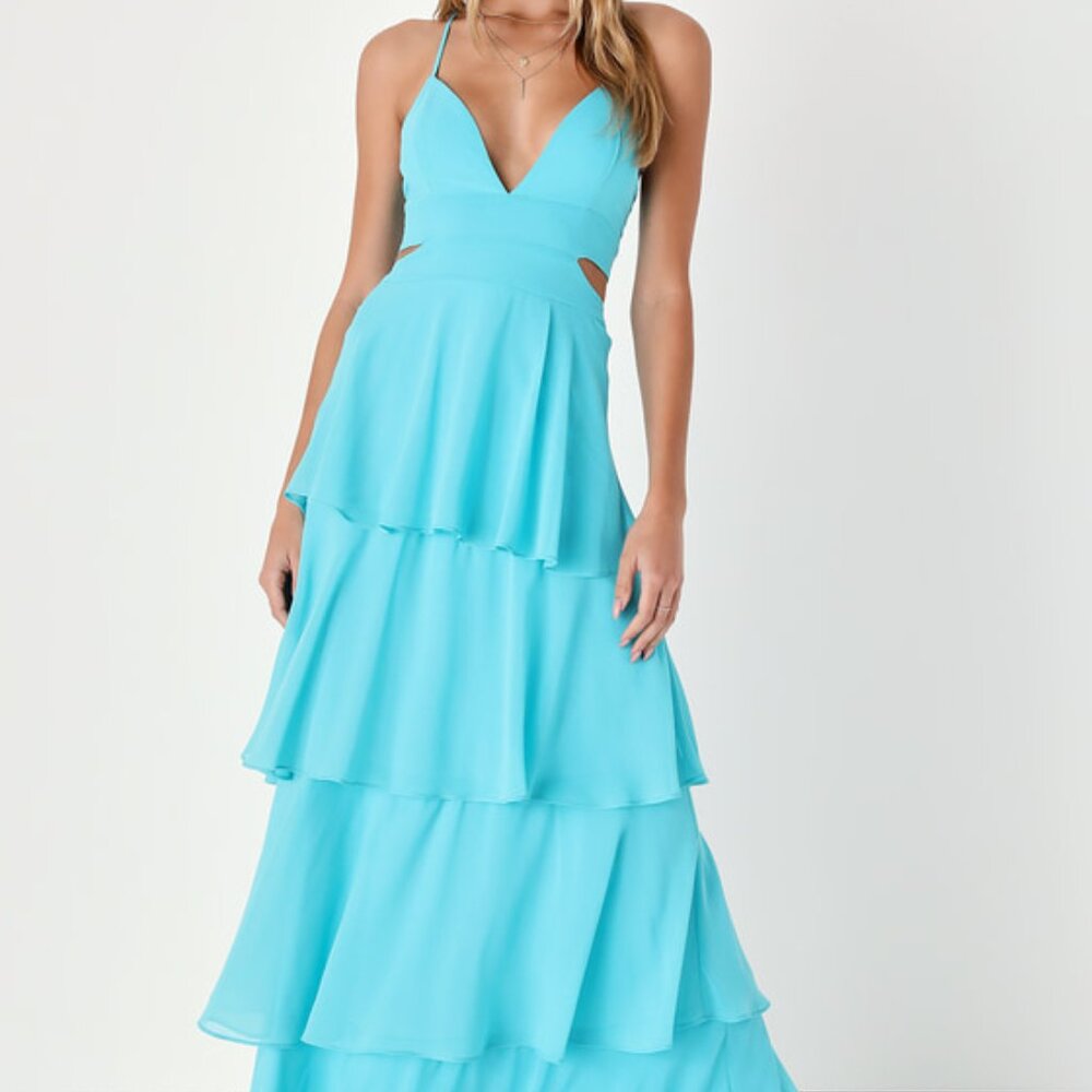 Lulus Tier And Now Blue Tie-back Tiered Maxi Dress - Size L